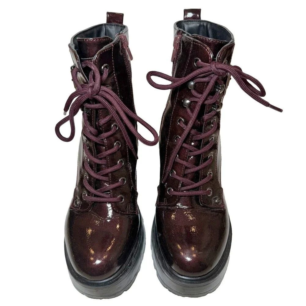 GBG Los Angeles Sammi Platform Combat Boots Womens 8 Burgundy Patent Lace Up